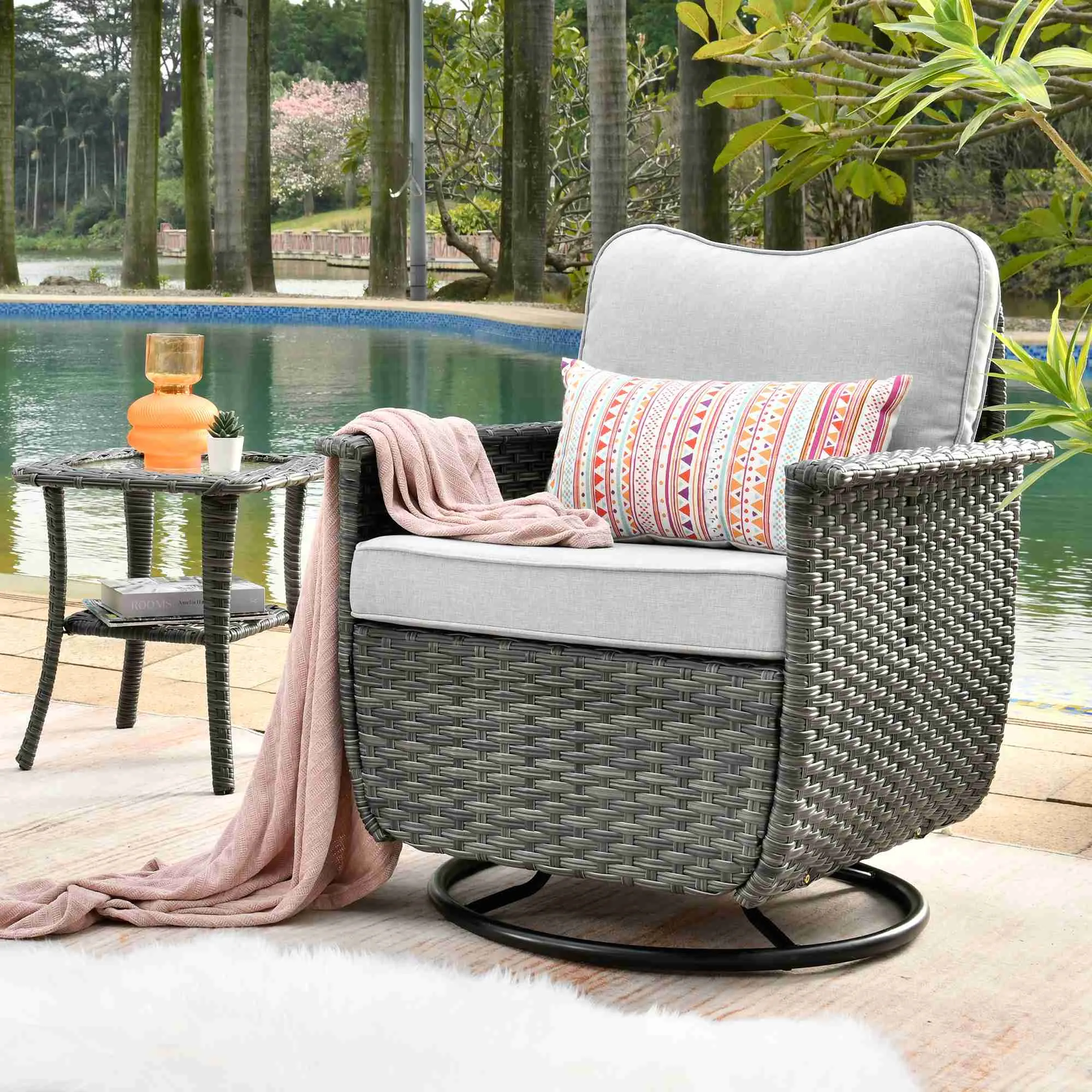 Ovios Rocking Chair Dark Grey Wicker Outdoor Table and Chairs matching Pet Sofa Series