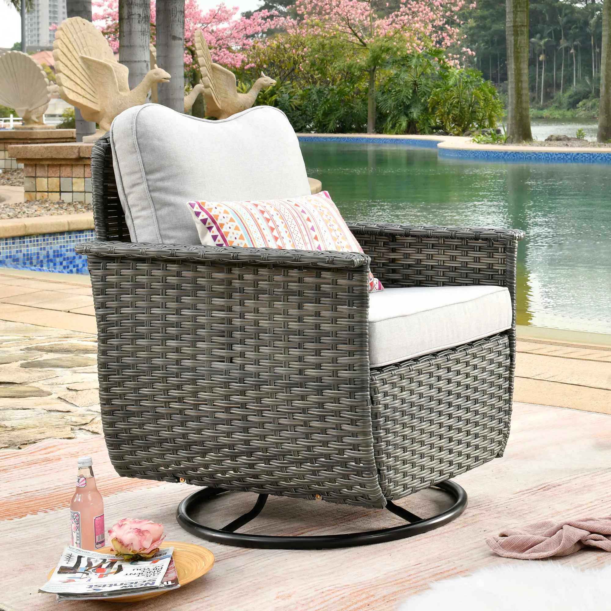 Ovios Rocking Chair Dark Grey Wicker Outdoor Table and Chairs matching Pet Sofa Series