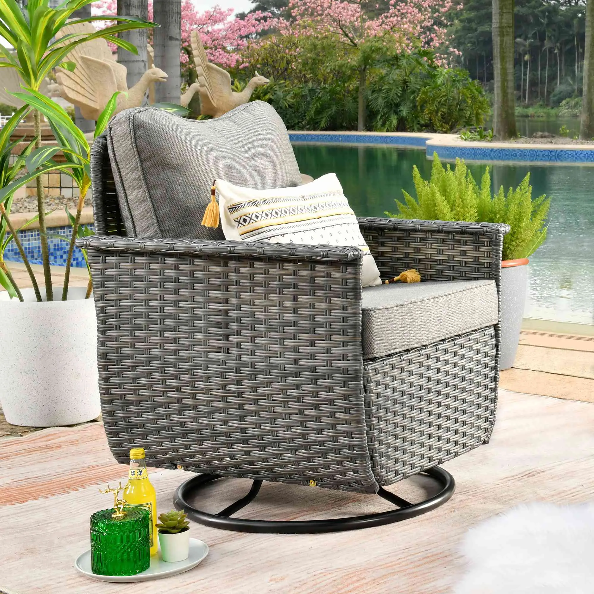 Ovios Rocking Chair Dark Grey Wicker Outdoor Table and Chairs matching Pet Sofa Series