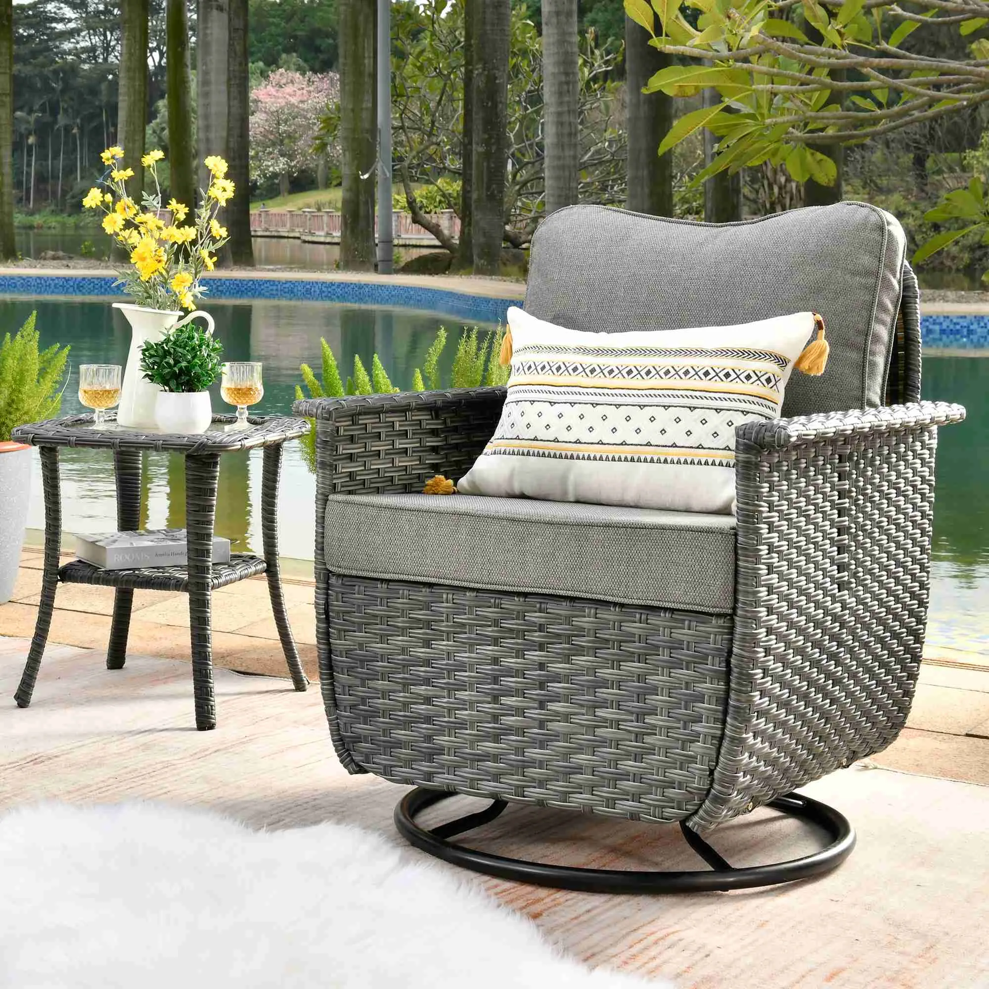 Ovios Rocking Chair Dark Grey Wicker Outdoor Table and Chairs matching Pet Sofa Series