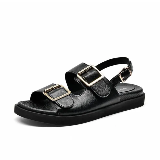 Sandals Women Genuine Leather Ankle Buckle Strap Summer Ladies Low Heel Shoes