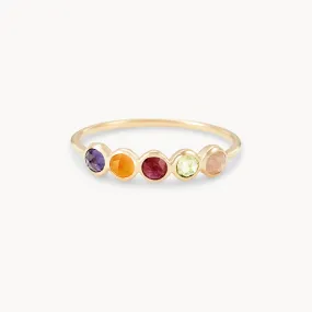 summer sunset five stone mood ring - 14k yellow gold, peach moonstone, peridot, ruby, carnelian, amethyst