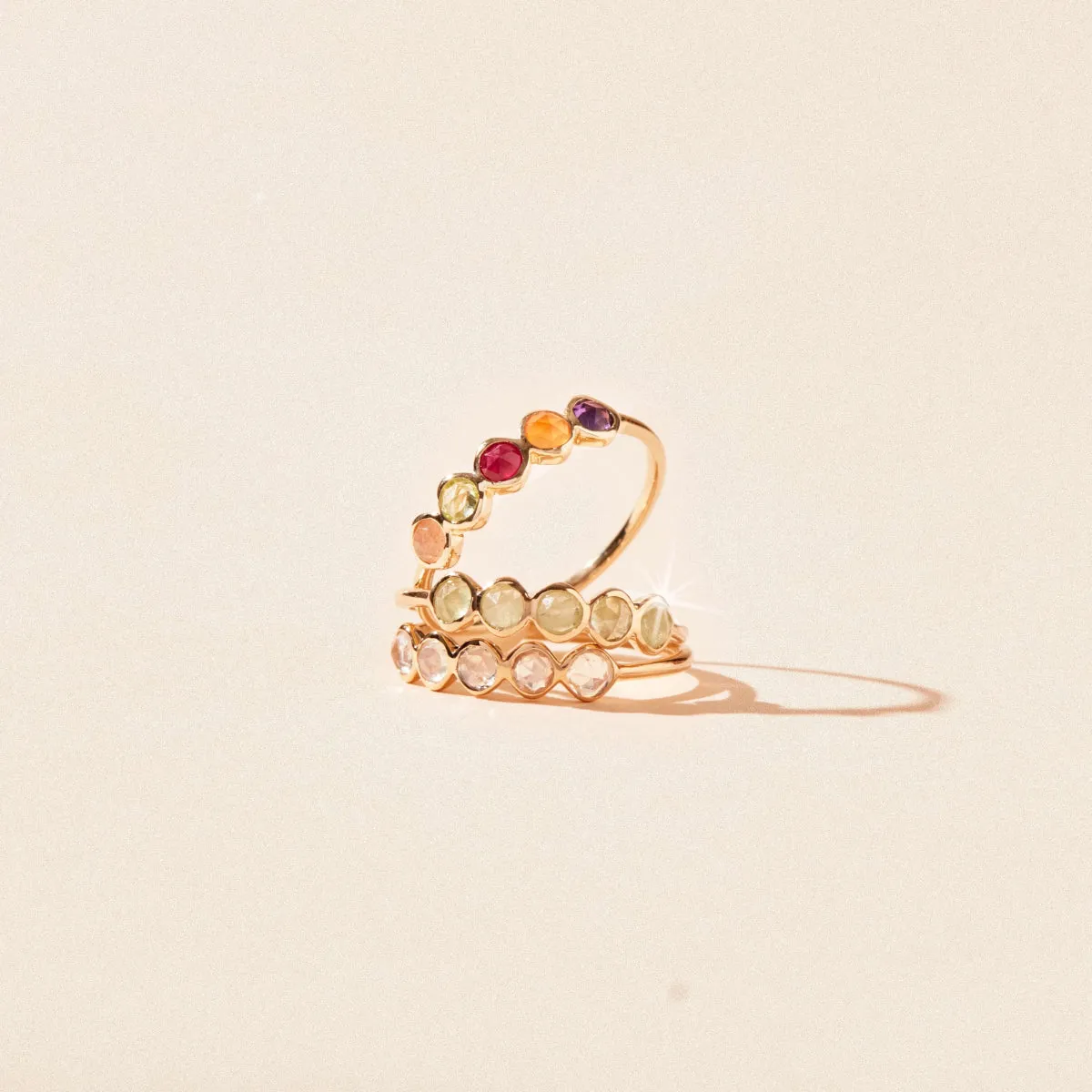 summer sunset five stone mood ring - 14k yellow gold, peach moonstone, peridot, ruby, carnelian, amethyst