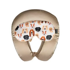 Taupe Satin Memory Foam Neck Pillow and Dog Satin Eye Mask Set