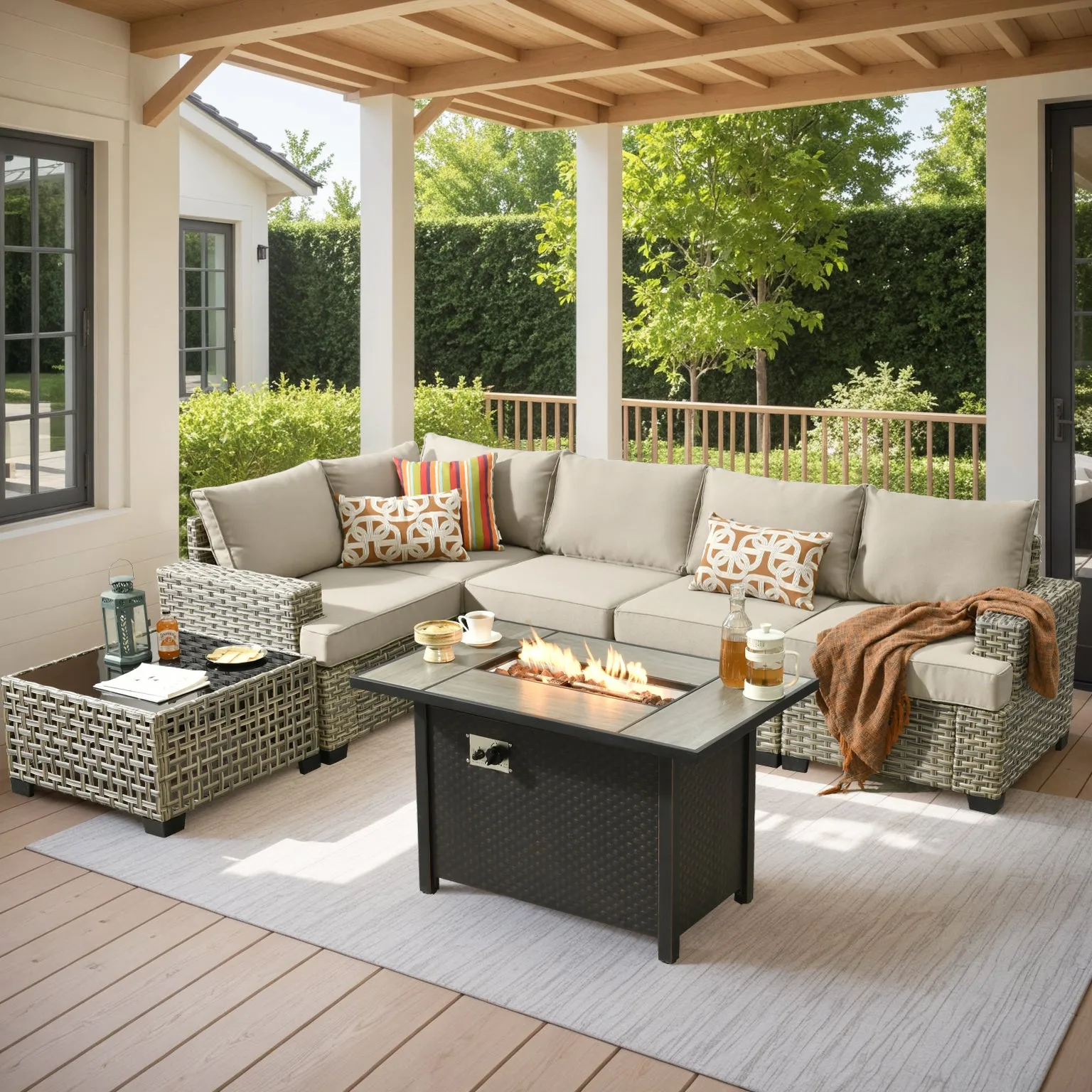 TBS Series - Sectional Patio Furniture Set 7-Piece include Fire Pit Table