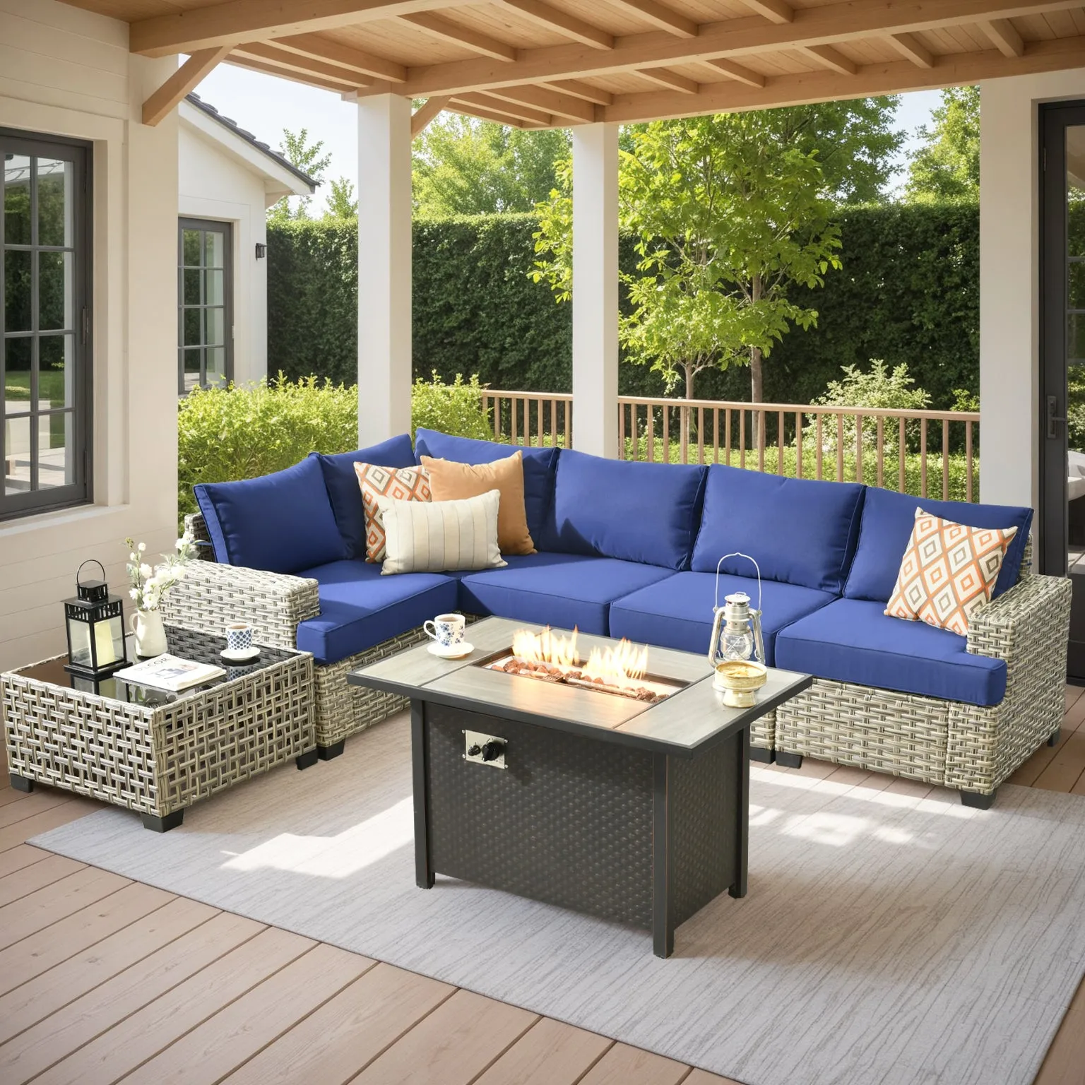 TBS Series - Sectional Patio Furniture Set 7-Piece include Fire Pit Table