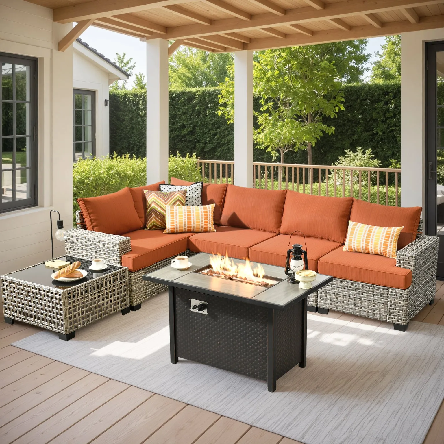 TBS Series - Sectional Patio Furniture Set 7-Piece include Fire Pit Table