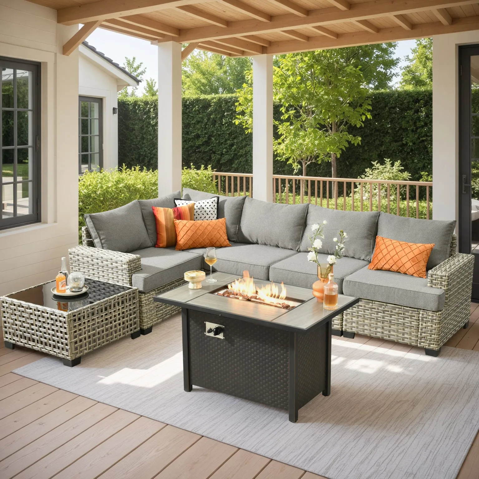 TBS Series - Sectional Patio Furniture Set 7-Piece include Fire Pit Table