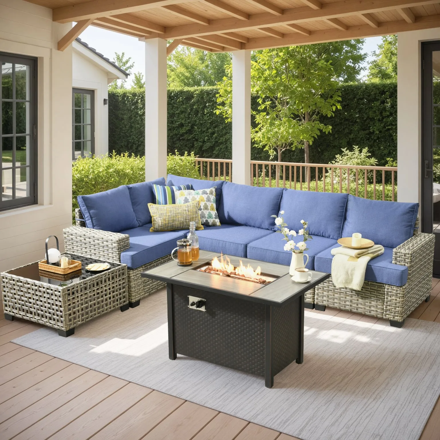 TBS Series - Sectional Patio Furniture Set 7-Piece include Fire Pit Table