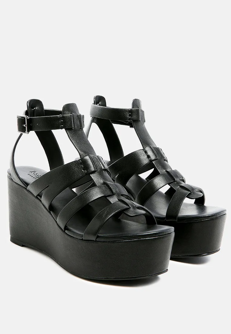 WINDRUSH Cage Wedge Leather Sandal in Black